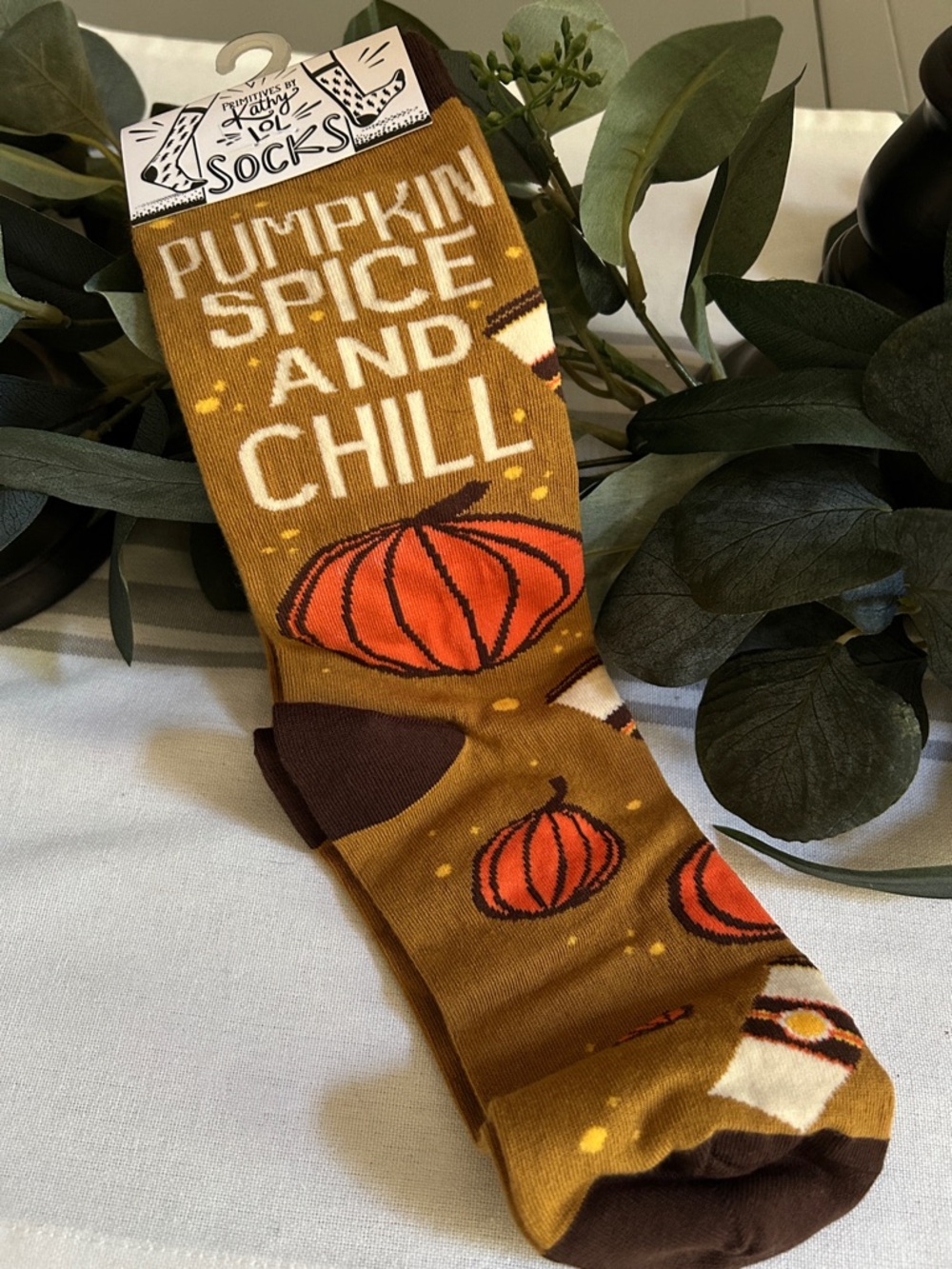 Primitives by Kathy Pumpkin Spice and Chill Crew Socks - Brown & Orange
